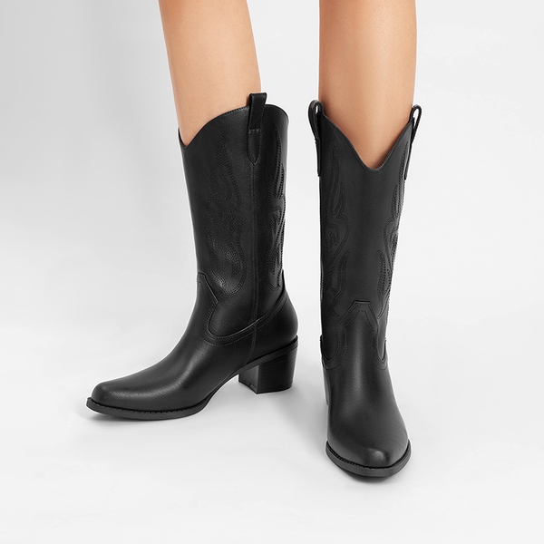 Women’s Embroidered Mid-Calf Cowboy Boots - BLACK-PU - 9