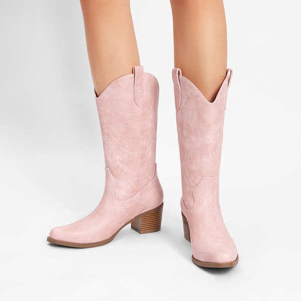 Women’s Embroidered Mid-Calf Cowboy Boots - PINK-PU - 9