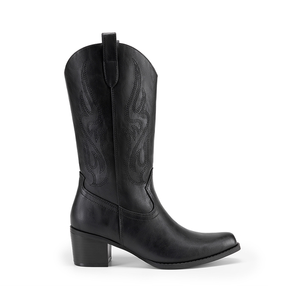 Women’s Embroidered Mid-Calf Cowboy Boots - BLACK-PU - 5