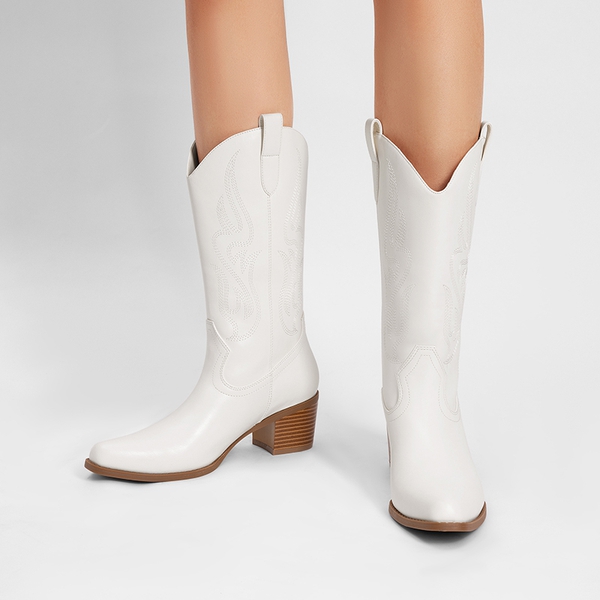 Women’s Embroidered Mid-Calf Cowboy Boots - WHITE-PU - 9