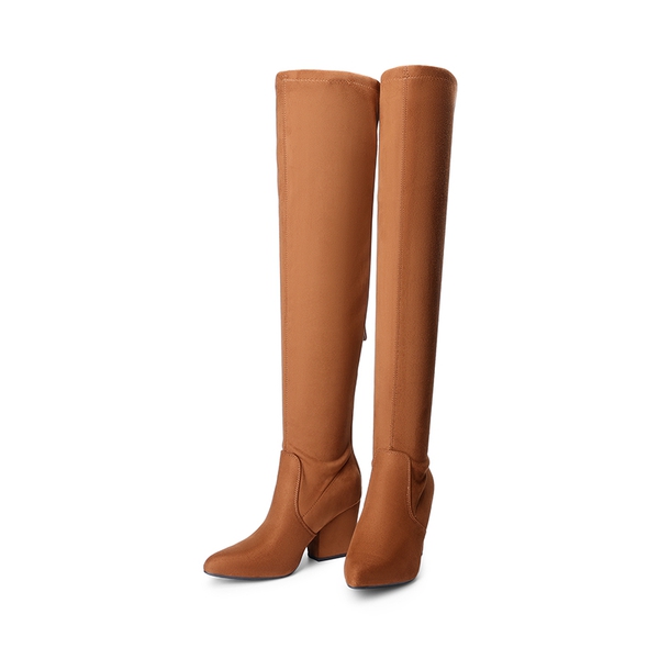Women’s Stretch-Fit Pointed-Toe Block Heel Boots - BROWN - 4