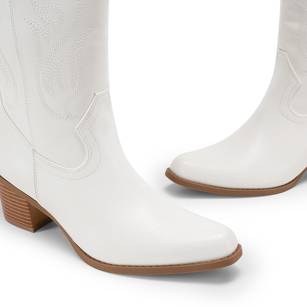 Women’s Embroidered Mid-Calf Cowboy Boots - WHITE-PU - 7