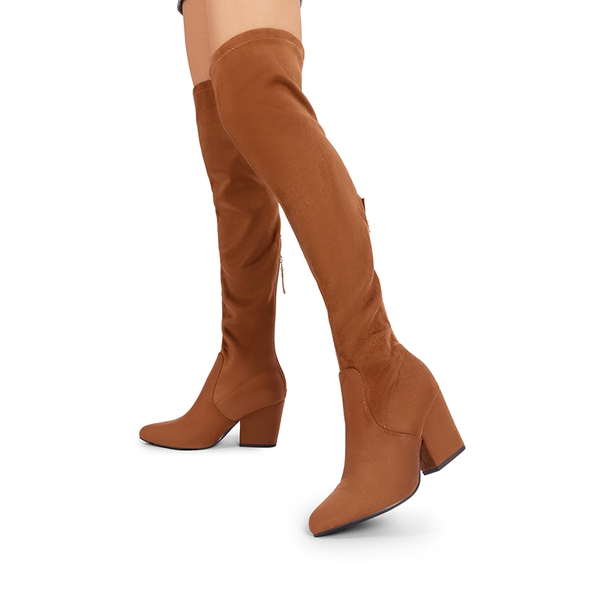 Women’s Stretch-Fit Pointed-Toe Block Heel Boots - BROWN - 6