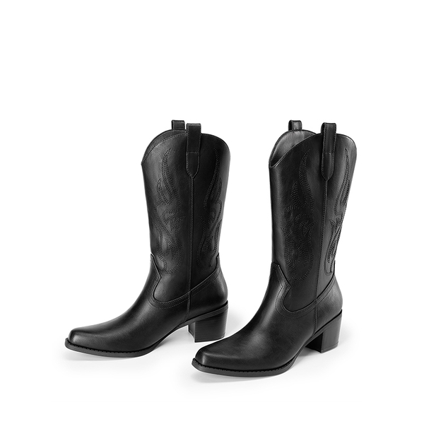 Women’s Embroidered Mid-Calf Cowboy Boots - BLACK-PU - 6