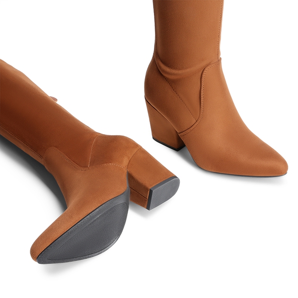 Women’s Stretch-Fit Pointed-Toe Block Heel Boots - BROWN - 3