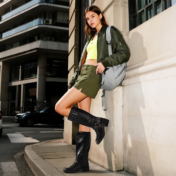 Women’s Adjustable Strap Moto Boots - BLACK/BROWN - 6