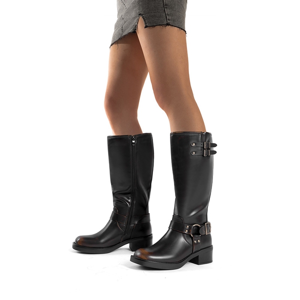 Women’s Adjustable Strap Moto Boots - BLACK/BROWN - 4