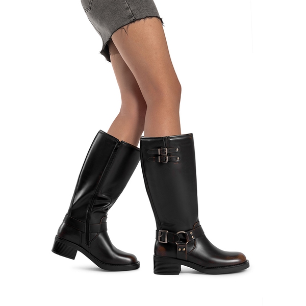 Women’s Adjustable Strap Moto Boots - BLACK/BROWN - 5