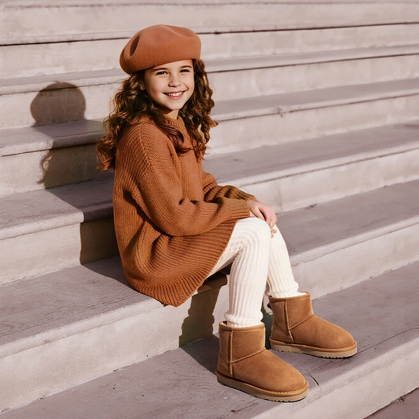 [FuzzyClassic Kid's Low Boot] Kids Faux Fur-Lined Snow Boots - CAMEL - 5