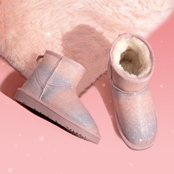 [FuzzyClassic Kid's Low Boot] Kids Faux Fur-Lined Snow Boots - PINK-RAINBOW - 3