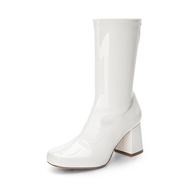 Women’s Square-Toe Block Heel Go-Go Boots - WHITE-PAT-1 -  0