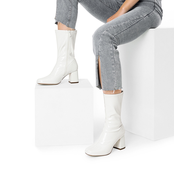 Women’s Square-Toe Block Heel Go-Go Boots - WHITE-PAT-1 - 6