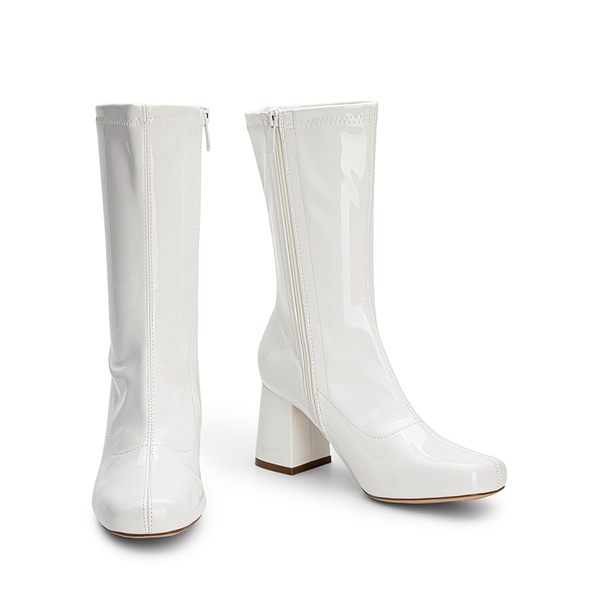 Women’s Square-Toe Block Heel Go-Go Boots - WHITE-PAT-1 - 2