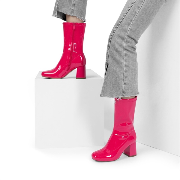Women’s Square-Toe Block Heel Go-Go Boots - HOT PINK - 6