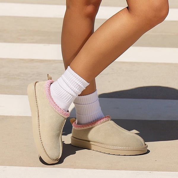 [FuzzyEasy Women's Slip-on] Embroidered Suede Fuzzy Cozy Slippers - NUDE - 2