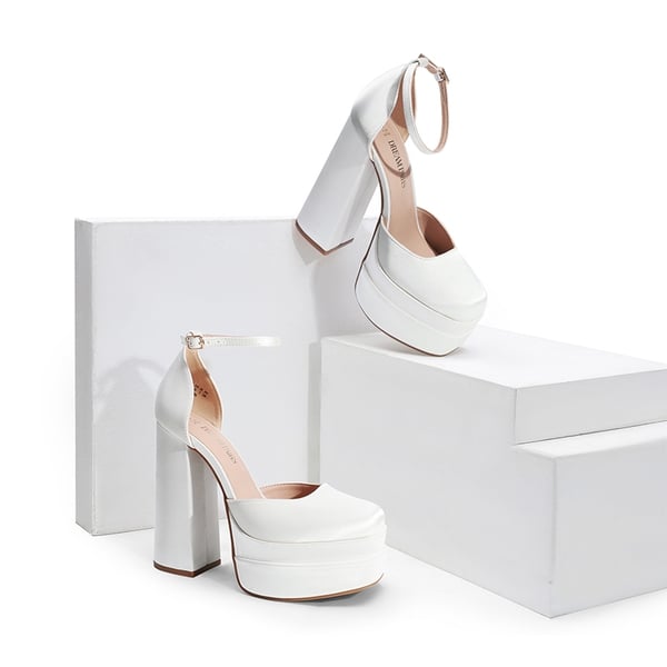 Dreamy High Chunky Square Toe Ankle Strap Platform Pumps - WHITE-SATIN - 3