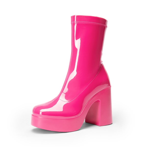 Dreamy Square Toe Platform Chunky Ankle Boots - Stella - HOT PINK-PAT -  0
