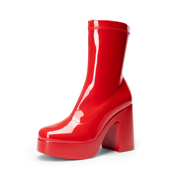 Square Toe Platform Chunky Ankle Boots - RED-PAT -  0