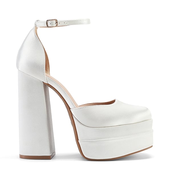 Dreamy High Chunky Square Toe Ankle Strap Platform Pumps - WHITE-SATIN - 2