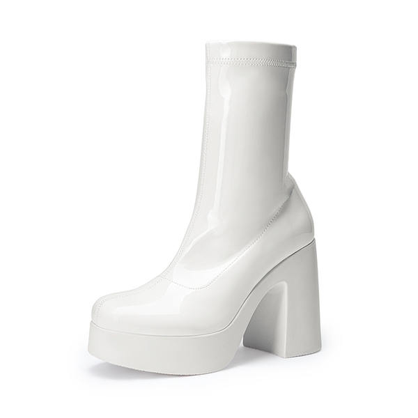 Dreamy Square Toe Platform Chunky Ankle Boots - Stella - WHITE-PAT -  0
