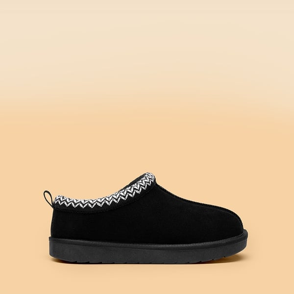 [FuzzyEasy Women's Slip-on] Embroidered Suede Fuzzy Cozy Slippers - BLACK - 1