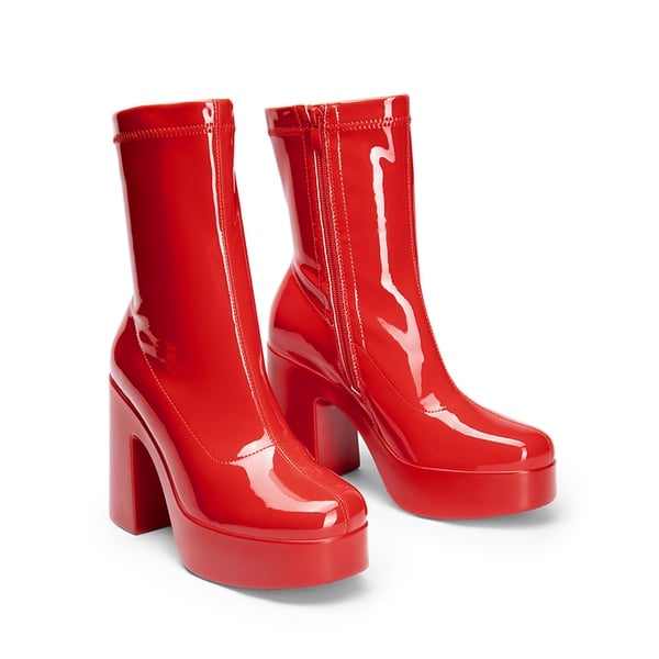 Square Toe Platform Chunky Ankle Boots - RED-PAT - 4