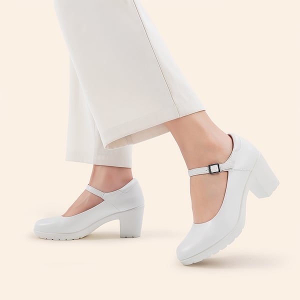 [Stand All Day Pumps] Edenia Round Toe Mary Jane Pumps - WHITE - 7
