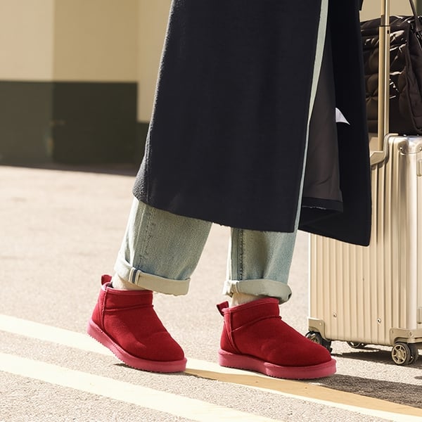 [FuzzyClassic Mini Boot] Splash-Proof Slip-On Suede Snow Boots - RED - 6