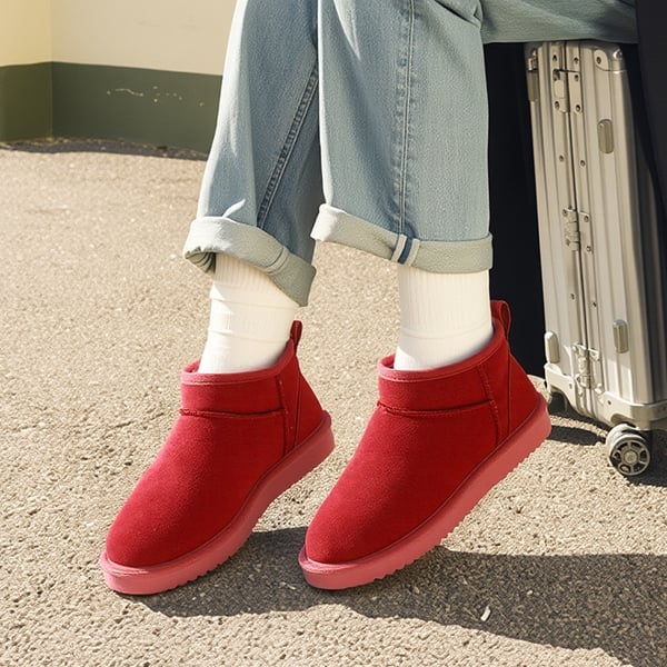 [FuzzyClassic Mini Boot] Splash-Proof Slip-On Suede Snow Boots - RED - 7