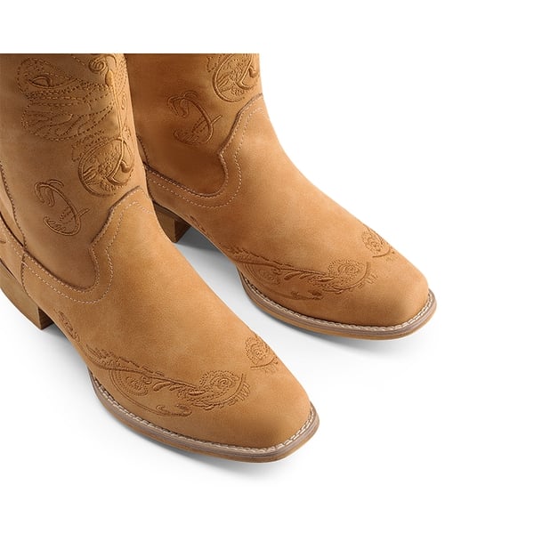  Square Toe Embroidered Cowboy Boots - TAN - 3