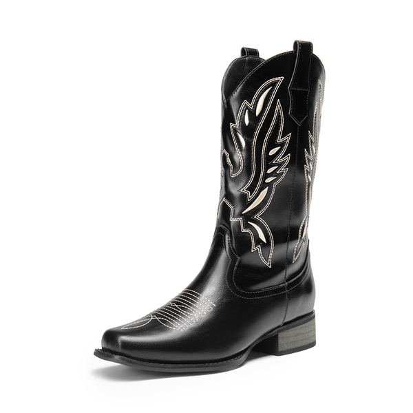  Square Toe Embroidered Cowboy Boots - BLACK-1 -  0