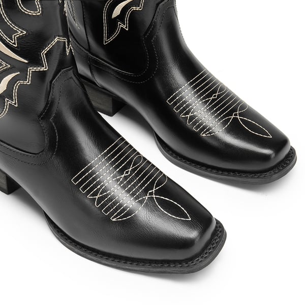  Square Toe Embroidered Cowboy Boots - BLACK-1 - 3