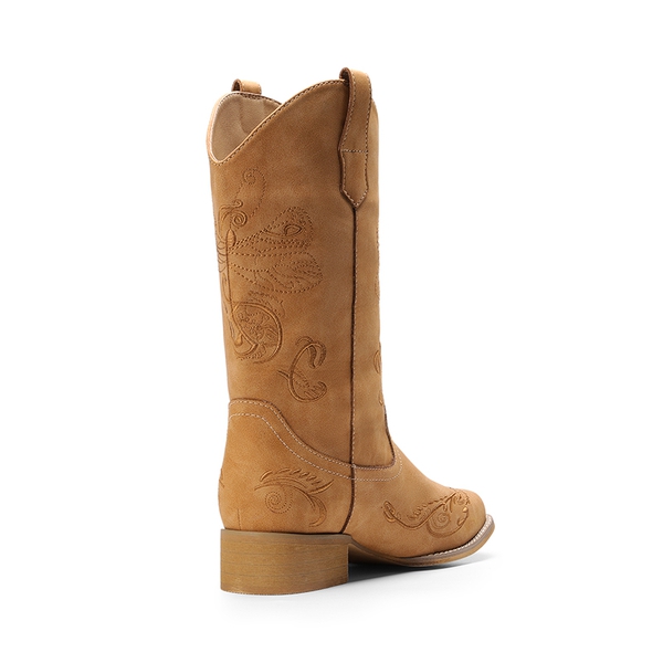  Square Toe Embroidered Cowboy Boots - TAN - 1