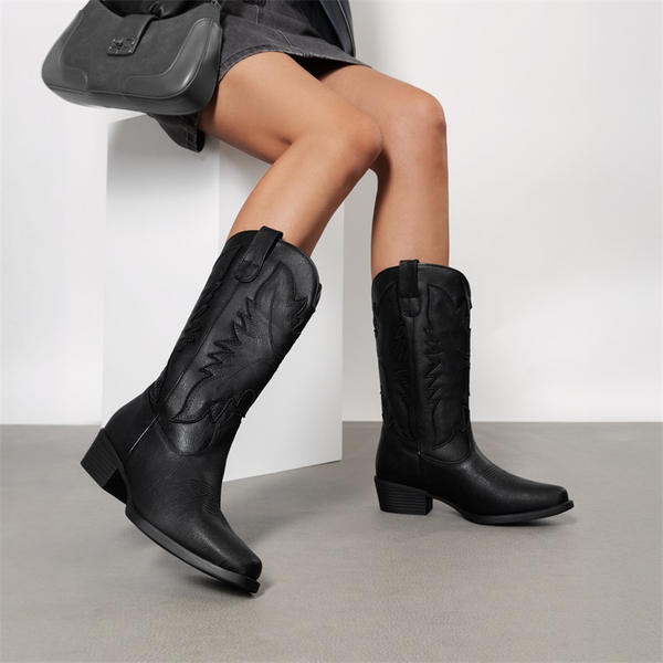 Women’s Embroidered Western Cowgirl Boots - ALL BLACK - 7