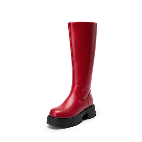 Platform Lug Sole Knee High Boots - RED -  0