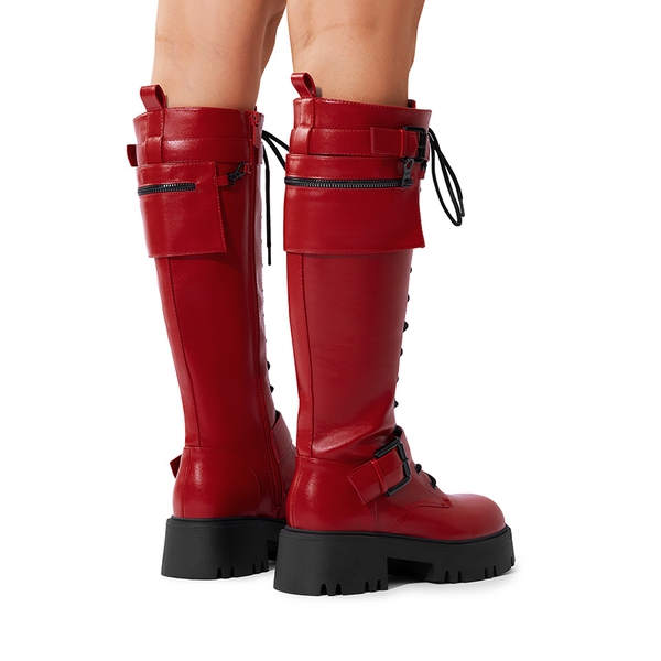 Lug Sole Platform Motorcycle Boots - RED - 9
