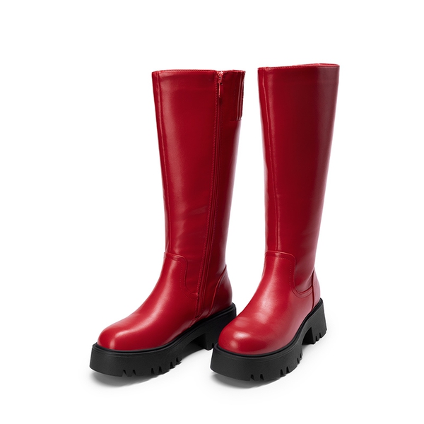 Platform Lug Sole Knee High Boots - RED - 6