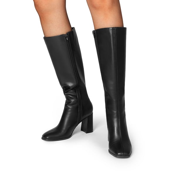 Square Toe Block Heel Knee-high Boots - BLACK-PU - 6