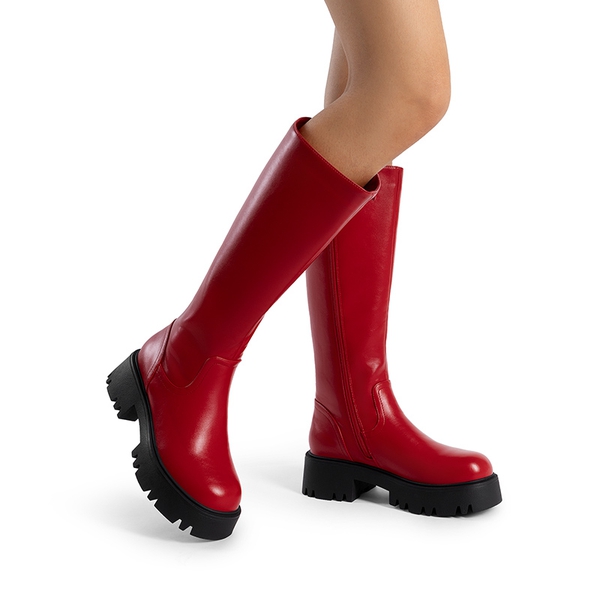 Platform Lug Sole Knee High Boots - RED - 7