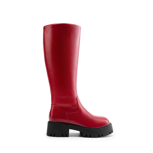 Platform Lug Sole Knee High Boots - RED - 4