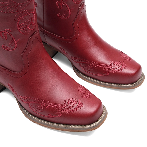  Square Toe Embroidered Cowboy Boots - RED - 3