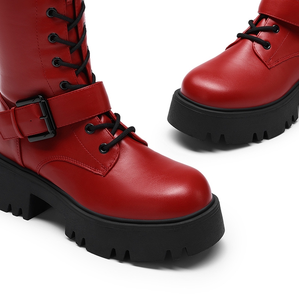 Lug Sole Platform Motorcycle Boots - RED - 5