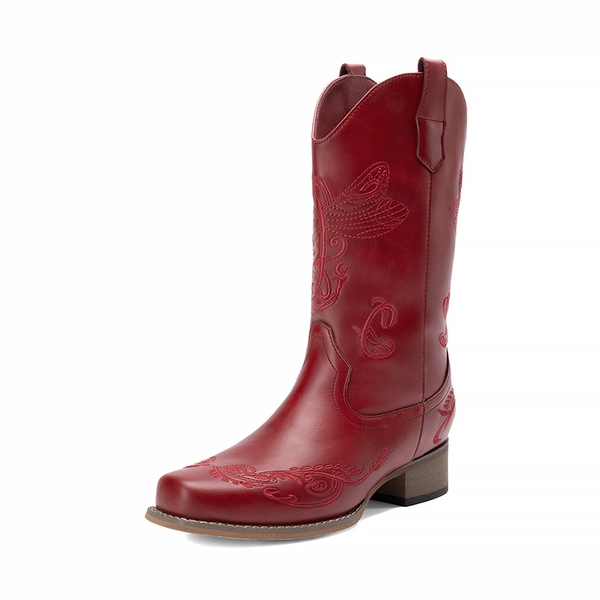  Square Toe Embroidered Cowboy Boots - RED -  0