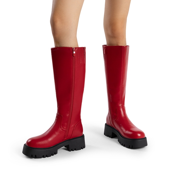 Platform Lug Sole Knee High Boots - RED - 8