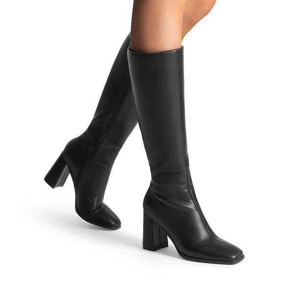 Square Toe Block Heel Knee-high Boots - BLACK-PU - 7