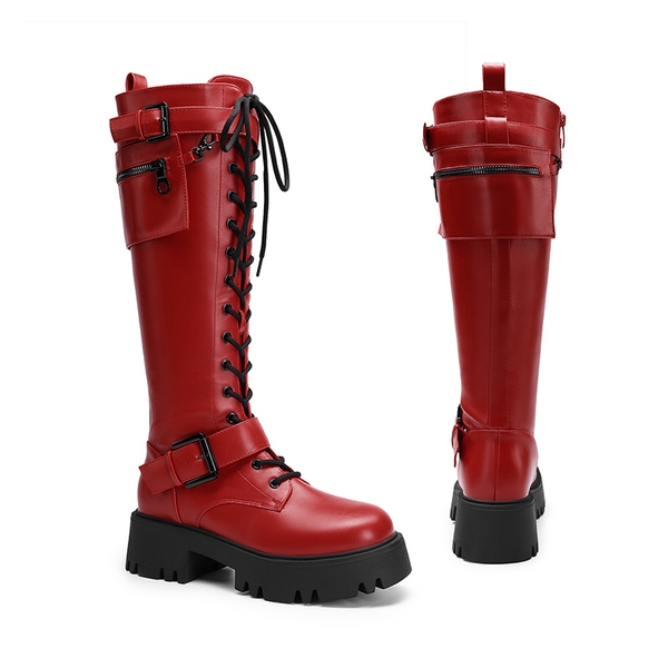 Lug Sole Platform Motorcycle Boots - RED - 4