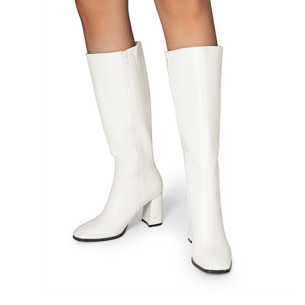 Square Toe Block Heel Knee-high Boots - WHITE-PU - 6