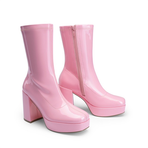 Y2K Square Toe Platform Mid-calf Boots - PINK - 6