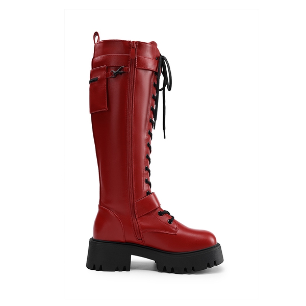 Lug Sole Platform Motorcycle Boots - RED - 6