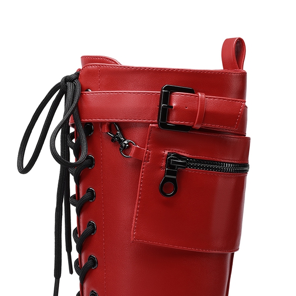 Lug Sole Platform Motorcycle Boots - RED - 7